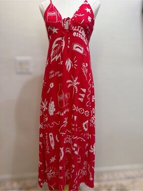 NWT Paper Heart Red Linen Blend Wine Print Open Back Bow Dress Size S